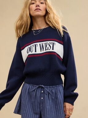 Aerie Out West Navy Crewneck Sweater - Women